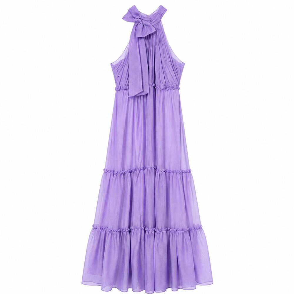 Lena Mac Duggal Lavender Halter Bow Tiered Maxi Dress 8